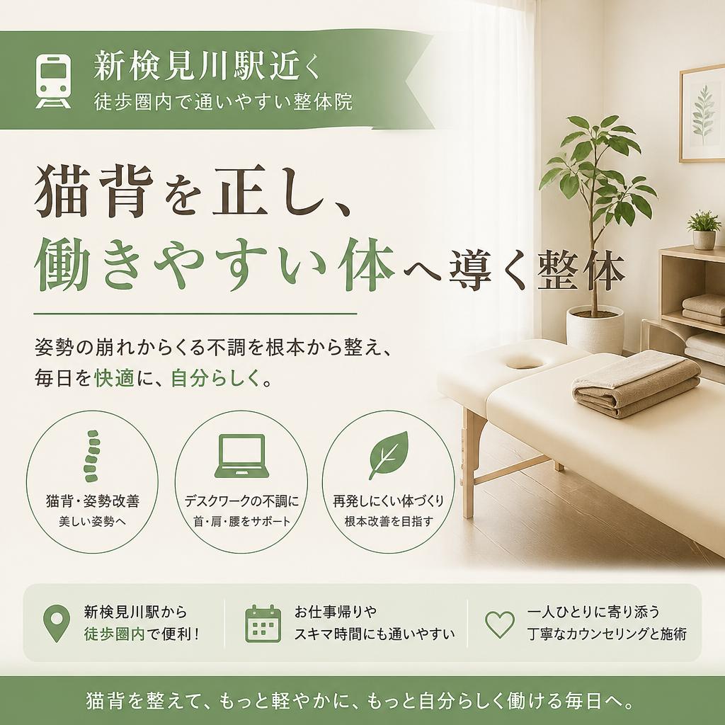 新検見川駅近くで猫背を正し、働きやすい体へ導く整体