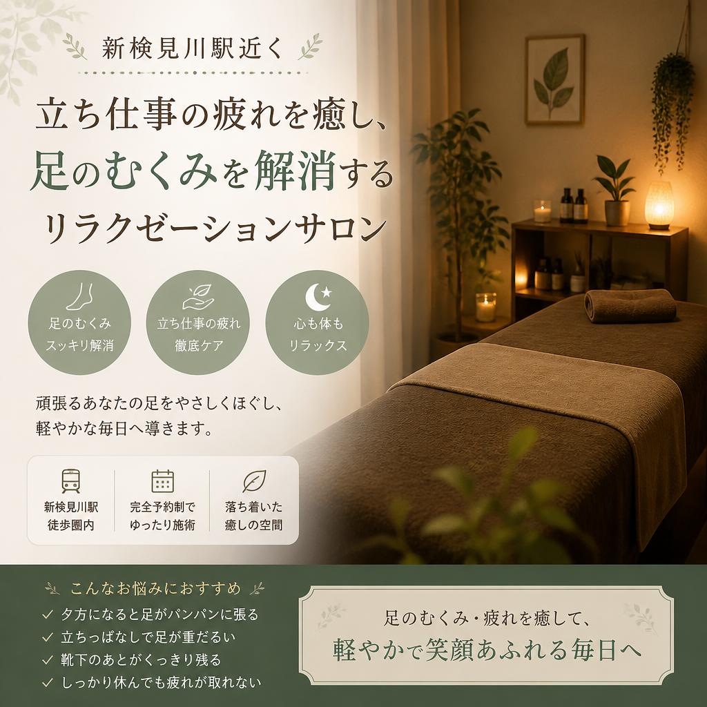 新検見川駅近くで立ち仕事の疲れを癒し、足のむくみを解消するリラクゼーションサロン