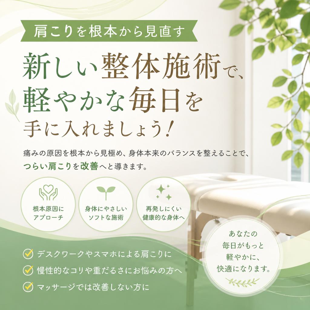 肩こりを根本から見直す新しい整体施術で、軽やかな毎日を手に入れましょう！